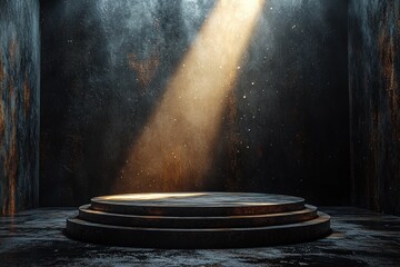 Aufkleber - A Circular Platform Illuminated by a Light Beam in a Dark Room with Grungy Walls