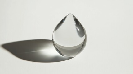 Wall Mural - A large, clear water droplet with perfect symmetry, suspended mid-air, casting a faint shadow on a white background for a clean look