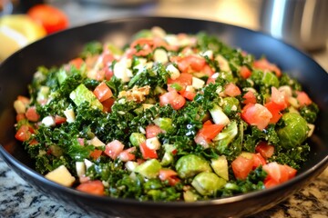 Canvas Print - Salad of kale and Brussels sprouts with almond lemon dressing