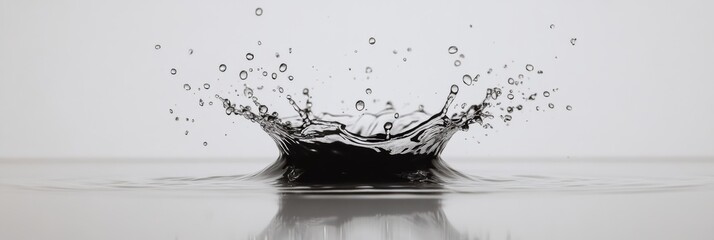 Wall Mural - A single splash of water frozen in motion with small droplets radiating outward, creating a vibrant and fresh scene on a white background