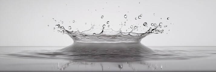 Wall Mural - A single splash of water frozen in motion with small droplets radiating outward, creating a vibrant and fresh scene on a white background