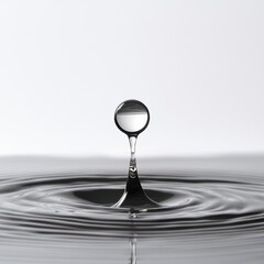 Wall Mural - A single water droplet suspended mid-air, perfectly round with a reflective surface, casting a soft shadow on a pristine white background, symbolizing purity and clarity