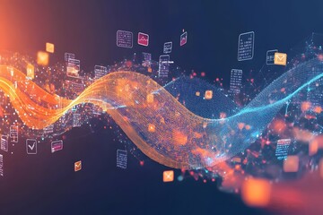Wall Mural - abstract flowing digital wave of data visualizations in orange and blue hues, representing technolog