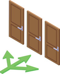 Poster - Three doors and three green arrows showing different directions representing choice, opportunity, solution and decision making