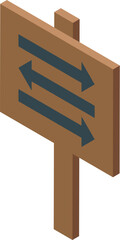 Poster - Isometric wooden signpost showing three double arrows pointing in opposite directions, isolated on white background