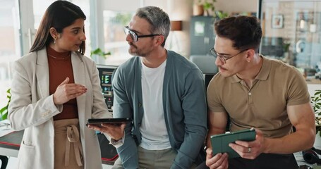 Poster - People, employees and meeting with tablet for coding, programing or system update as software engineer. Well done, office and research or strategy for innovation project, teamwork or data development