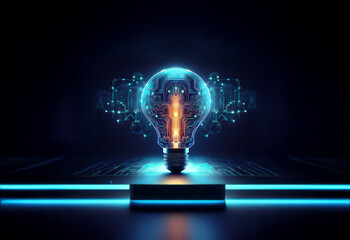 Aufkleber - A glowing light bulb with a digital pattern shines on a platform in a dark room.