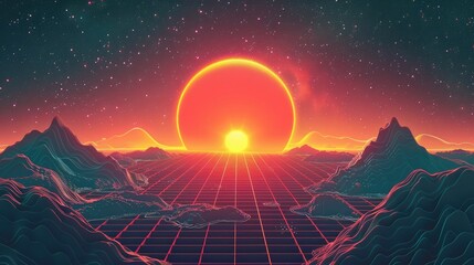 Wall Mural - a retro-futuristic landscape with a large red sun setting over a gridded horizon and mountains.