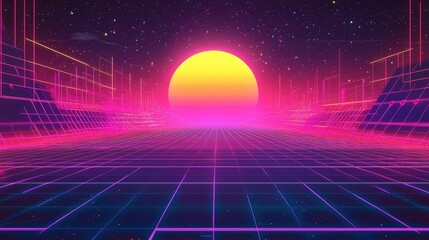 Wall Mural - a retro-style digital landscape with a glowing sunset and a grid pattern.