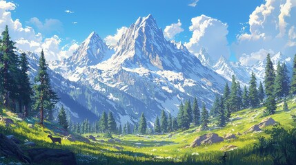 Wall Mural - A scenic view of a mountain range with a single goat grazing in the foreground.