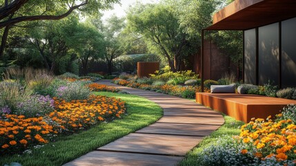 Aufkleber - A beautiful pathway meanders through a colorful garden filled with blooming flowers and rich foliage. The setting features modern seating and a peaceful atmosphere ideal for relaxation.