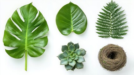 Poster - variety of tropical leaves and a succulent arranged on a surface generative ai