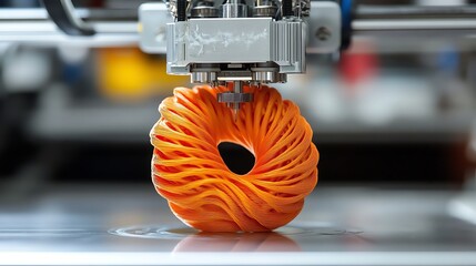 Poster - Close-up of an orange, 3D-printed object being created by a 3D printer.