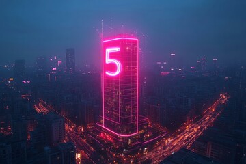 Aufkleber - A futuristic cityscape with a tall building illuminated with a pink neon 