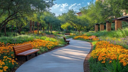 Aufkleber - A peaceful garden pathway meanders through a vibrant landscape filled with colorful flowers and benches inviting visitors to relax under a clear blue sky.