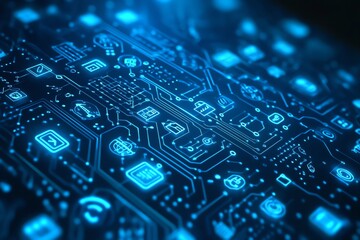 Aufkleber - Abstract digital circuit board with glowing blue icons, representing technology and innovation.