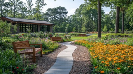 Aufkleber - A peaceful garden path leads through a colorful display of flowers, with benches inviting visitors to relax and enjoy the tranquil atmosphere near a rustic building in the warm afternoon.