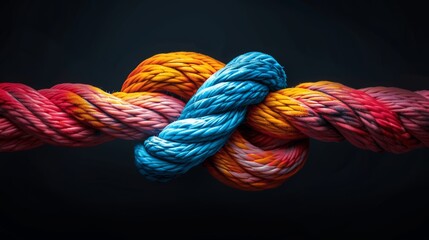 Strength in Unity: Colorful Rope Knot Symbolizing Trust and Teamwork on Black Background