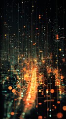 Leinwandbilder - Abstract cityscape with glowing lines and circles, representing data flow, technology, and digital connectivity.