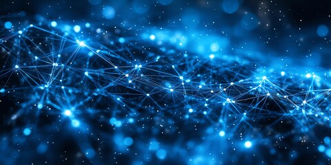 Poster - Abstract blue background with glowing lines and dots, representing a network, connection, or data.