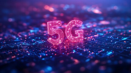 Poster - A glowing 3D 5G logo, in pink, stands on a futuristic, abstract background.