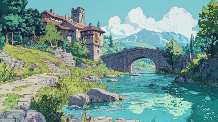 Wall Mural - A stone bridge over a river in a picturesque mountain landscape with a stone house in the background, with a path leading to the bridge, with green foliage and lush meadow.