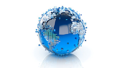 Poster - A blue glass globe on a white background, surrounded by small data blocks and lines of information technology elements, with reflections in a perspective view, a global network concept