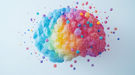 Aufkleber - A colorful brain made of hexagons and data points on a white background, symbolizing artificial intelligence with geometric shapes