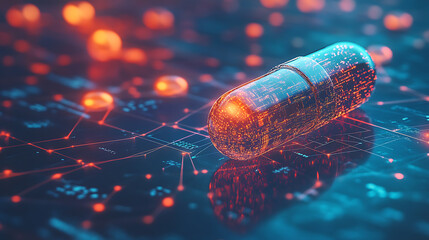 Poster - A digital representation of a pill on a network background symbolizes ai-driven precision medicine