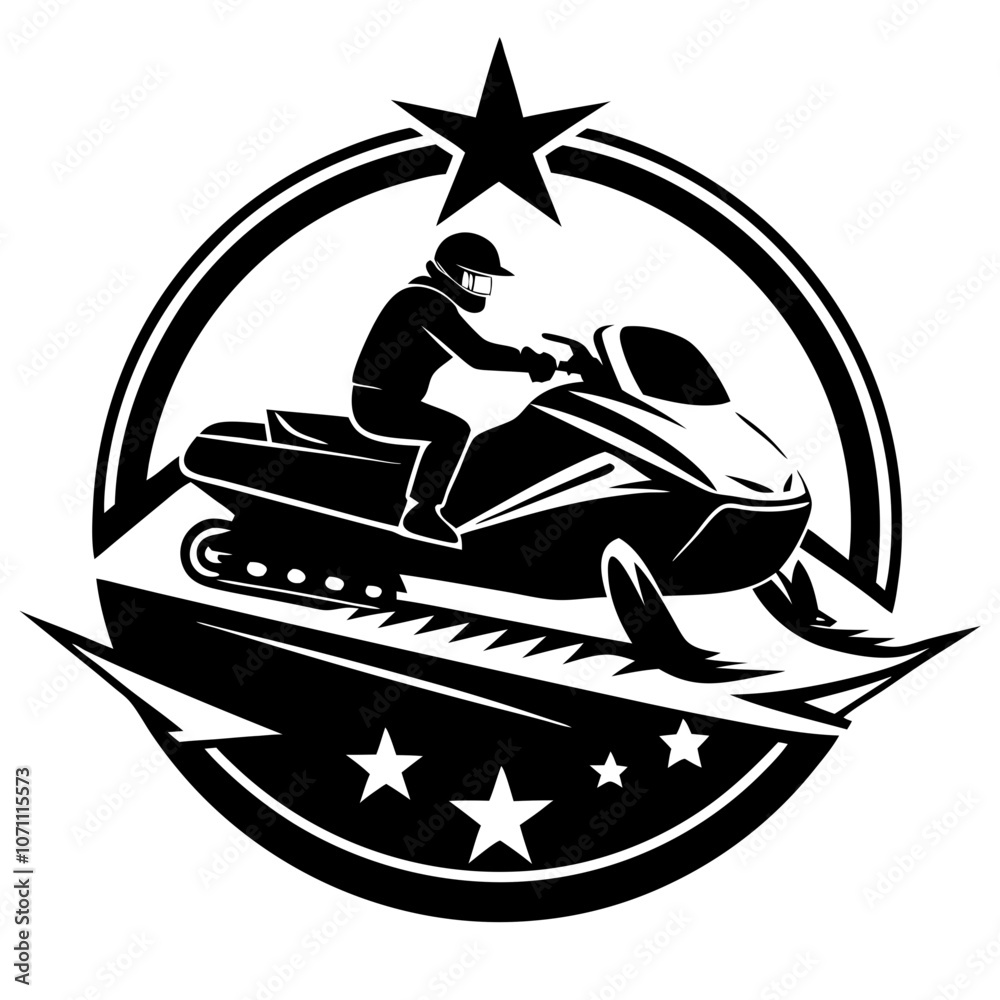 Snowmobile Rider Emblem: A black and white illustration of a snowmobile ...