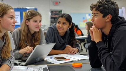 Poster - This group of students collaborates on a project, sharing insights and discussing tasks at hand.