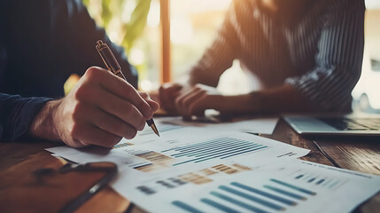 Aufkleber - A financial advisor and a client discuss personal loan options while reviewing documents and charts on a table