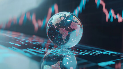 Poster - A glass globe with the world inside, placed on top of an abstract stock market graph in blue tones The background is white and features a line chart going up