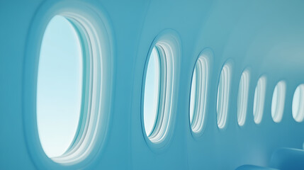 Poster - 3D rendering of airplane windows on a blue background conveys the tourism and travel concept, highlighting holiday vacations and worldwide journeys