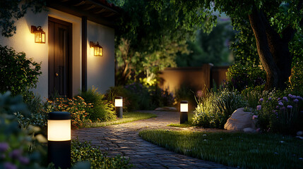 Poster - A landscape lit with low-motion lights around the house and the pathway leading to the front door, showcasing the importance of outdoor lighting for home security in a dimly-lit night setting Generati