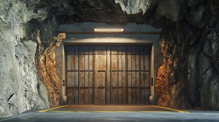 Poster - A 3D rendering of an underground shelter gate in a nuclear bunker or hangar, featuring metal panels, rough mountain rock walls, and a dark tunnel corridor