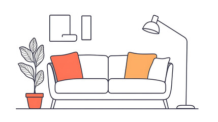 Wall Mural - A single, uninterrupted line drawing depicting a sofa, lamp, and potted deciduous plant, Modern couch with two pillows in a simple linear design for the home, Editable stroke Vector illustration