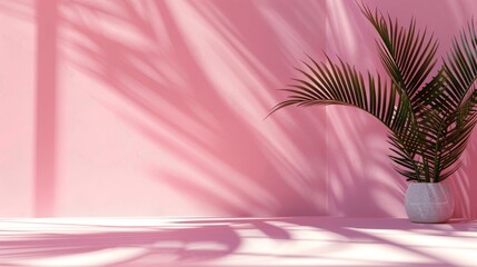 Poster - Abstract Minimal Background with Palm Leaf Shadow on Pastel Pink Wall for Product Presentation