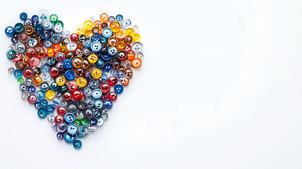 Aufkleber - A close-up of colorful tiny plastic buttons arranged in a heart shape on a white background, serving as beautiful decorations with space for text