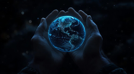 Poster - a pair of hands holding the earth hologram, glowing with blue light and surrounded by a dark backgro