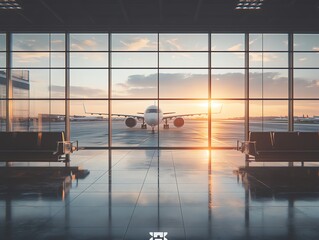 Poster - Airplane on tarmac at airport during sunset seen through large windows with empty seating area.