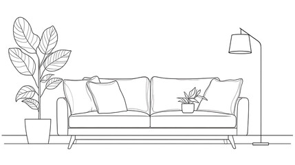Poster - A single, uninterrupted line drawing depicting a sofa, lamp, and potted deciduous plant, Modern couch with two pillows in a simple linear design for the home, Editable stroke Vector illustration