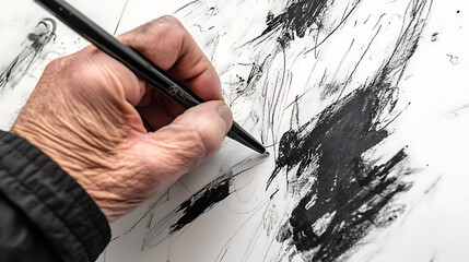 Aufkleber - A hand holding an ink pen, writing on paper The drawing is in black and white with clear lines and details of the hands and shading