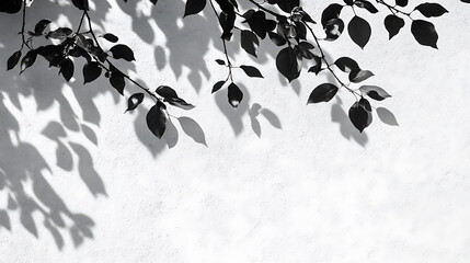 Poster - Abstract natural leaves shadow background of tree branch falling on white concrete wall texture for background, black and white monochrome tone