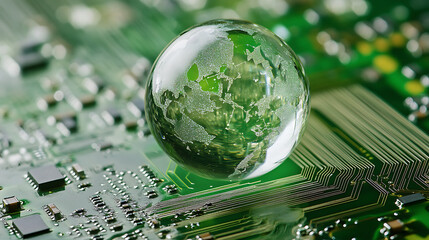 Poster - A concept of green technology, represented by a crystal globe on a circuit board, highlighting environmental technology innovations