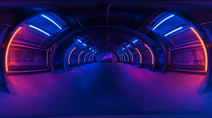 Poster - A dark tunnel environment illuminated by laser lights, featuring metal panels, and futuristic neon lighting in a 360-degree panoramic view, depicting a cyber hangar with glowing blue tubes