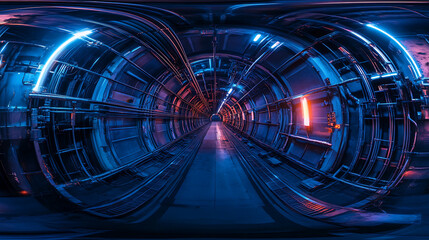 Poster - A dark tunnel environment illuminated by laser lights, featuring metal panels, and futuristic neon lighting in a 360-degree panoramic view, depicting a cyber hangar with glowing blue tubes