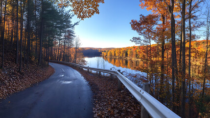 Poster - A panoramic view of an autumn forest road with a white guardrail, next to a lake and trees, under a blue sky with sunshine and white clouds