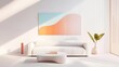 © MAY - A sun drenched living room with a white sofa, a sleek coffee table, and a large abstract painting on the wall, all bathed in natural light.