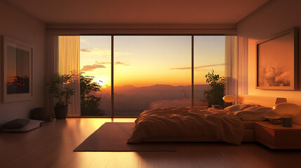 Poster - A serene bedroom with a large window showing a calming sunset, cozy bed, soft lighting, and minimalist decor, ideal for optimizing sleep and creating a peaceful nighttime environment